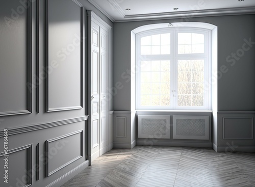 Grey walls, two white windows, a light glossy parquet floor, and a white plinth decorate an empty interior corner. A perspective. a Work Path on the Windows, please. 300 dpi, 7680x4320, and 8K Ultra H