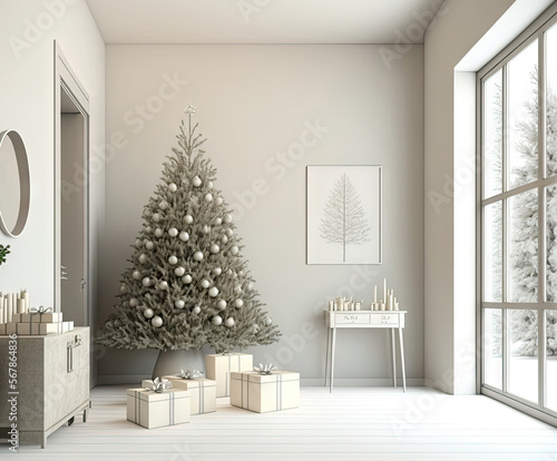 Light modern living room Christmas interior in Scandinavian style. Beautiful Christmas tree with gift boxes and lighting. Front view. Beige empty wall mockup. high quality illustration. Generative AI © AkuAku