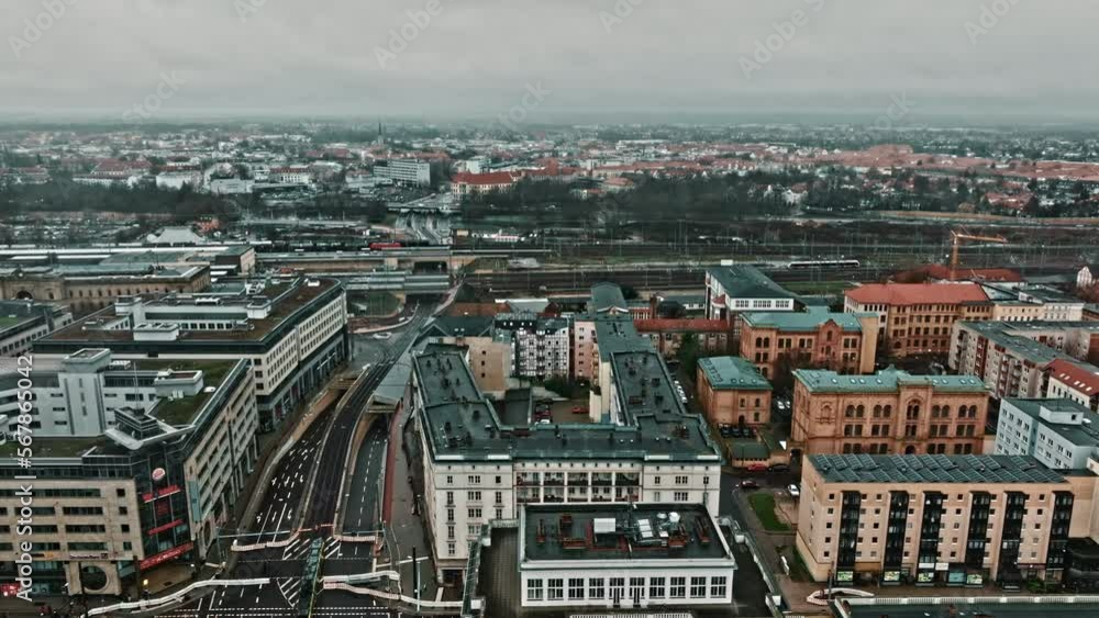 Drone shot of a train at Magdeburg main railway station , Foggy weather . Drone shot of a train at Magdeburg main railway station , Foggy weather .