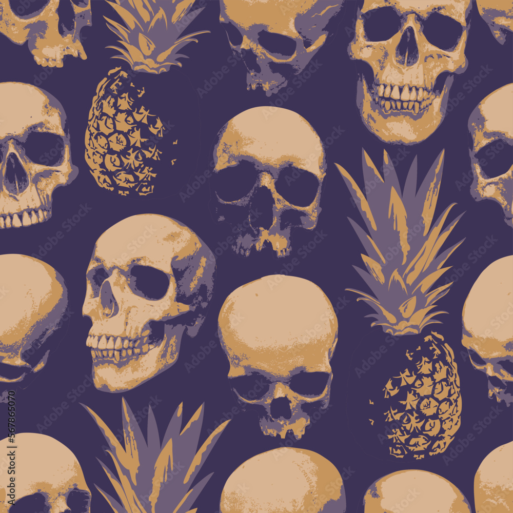 Seamless pattern with human skulls and pineapples . Vector background