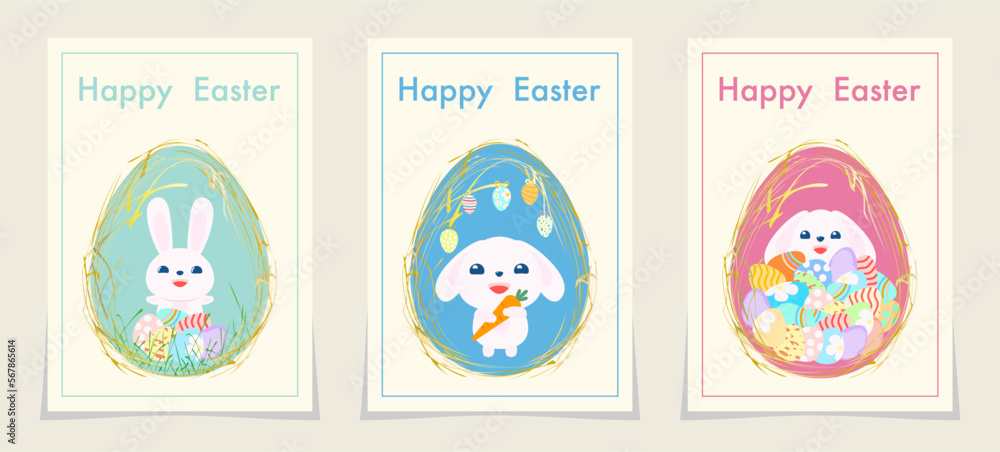 Happy Easter card Funny rabbit in egg vertical illustrations collection Design element Vector illustration Isolated