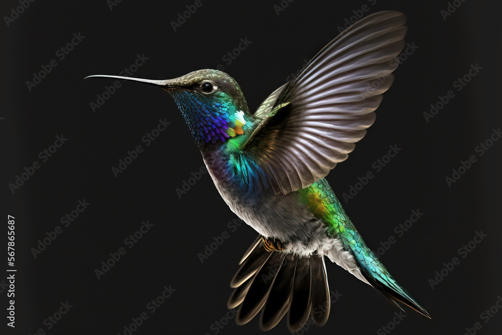 Fototapeta premium Hummingbird with a black neck floating in the air. Generative AI