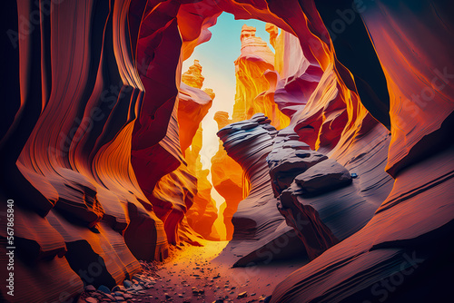 Antelope Arizona canyon waves USA with sun light sunset. Generation AI photo