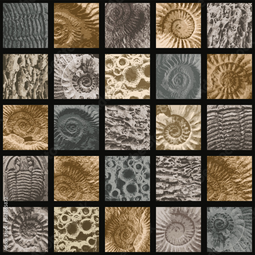 vector abstact seamless pattern background with sea stone texture with imprints of ancient ammonite shells. Suitable for wallpaper design, wrapping paper, fabric, ceramic tiles