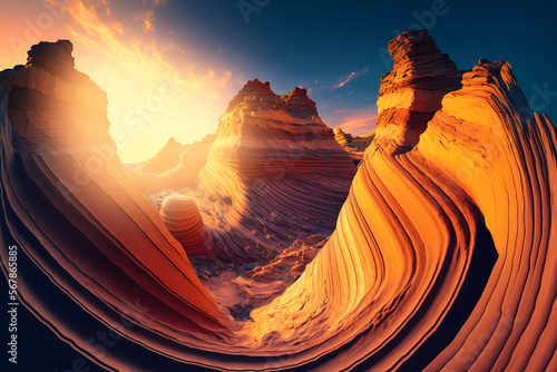 Sunset in Antelope Arizona canyon waves USA with sun light. Generation AI