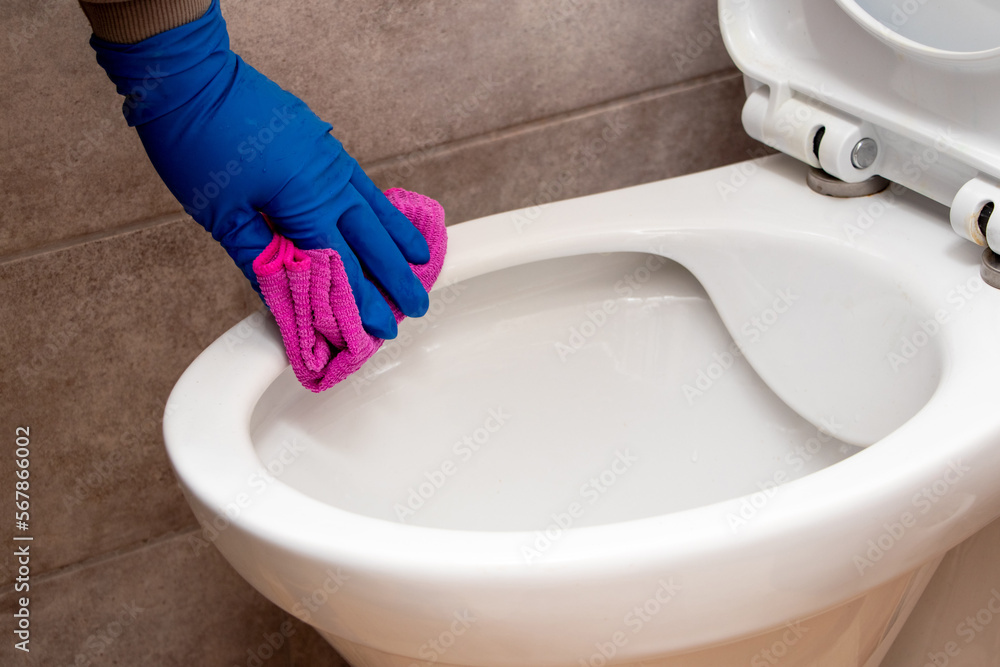 A woman in rubber gloves wipes the lavatory pan with a rag A woman in rubber gloves wipes the lavatory pan with a rag