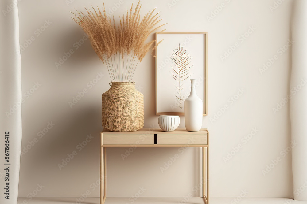 Minimalist Japandi style interior wall mockup on a warm white background with a light biege wooden console, dried pampas grass, and a wicker basket lamp. Detailed view,. Generative AI - obrazy, fototapety, plakaty 