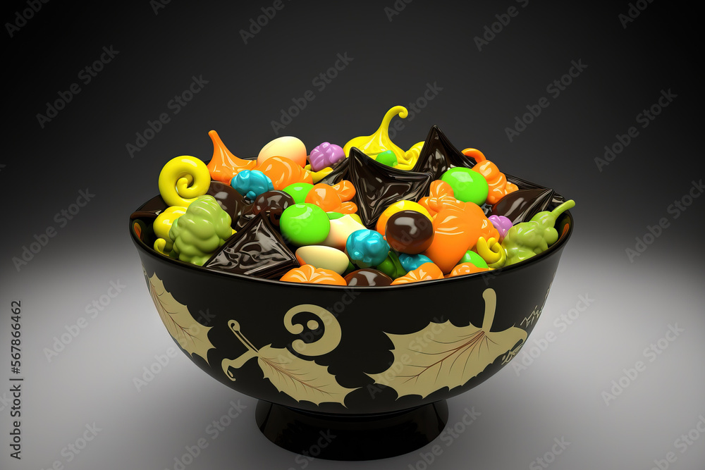 Candy for Halloween in a plastic bowl. Generative AI Candy for Halloween in a plastic bowl. Generative AI