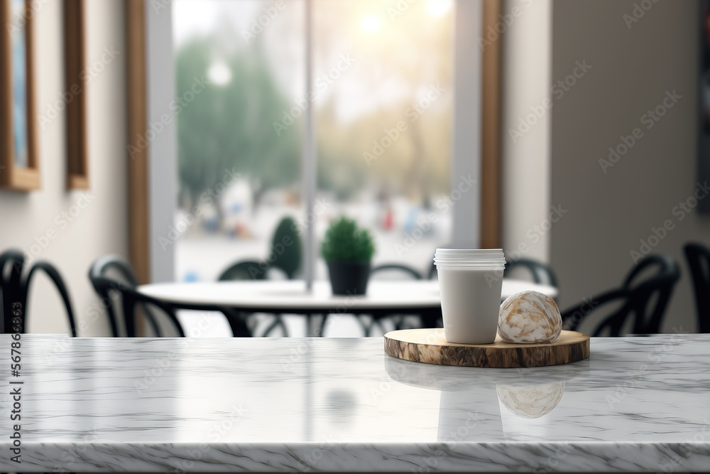 Banner mock up abstract background with empty white marble stone table top and blurred glass window in cafe and restaurant interior can be used to montage or promote your items. Generative AI