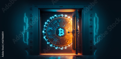 Gold Safe deposit with bitcoin logo. Concept symbol of cryptocurrency safety in internet blockchain virtual. Copy space banner. Generation AI photo