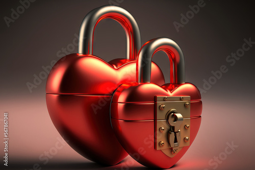 Red padlocks in the form of hearts are locked together. Valentine's Day, love, anniversary, and fidelity concepts. Generative AI