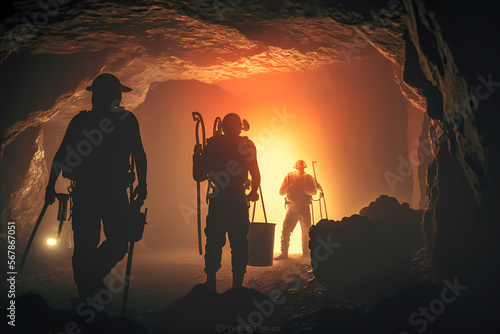 Silhouette of miners with headlamps working underground coal mine. Generation AI © Adin