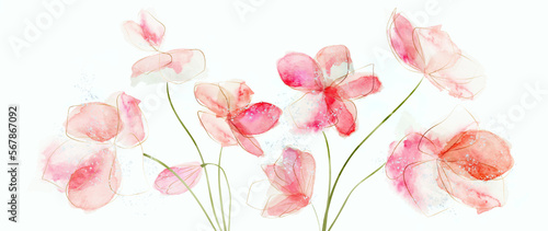 Watercolor art background with hand drawn pink flowers. Botanical ink banner for decor, print, textile, wallpaper, interior design.