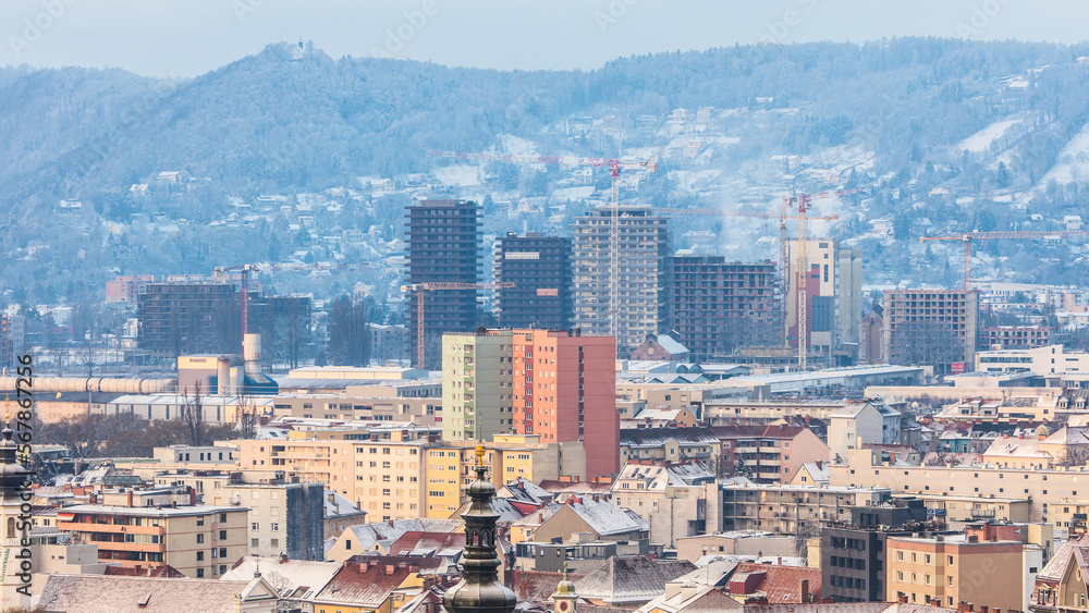 View of Graz with the Reininghaus city development district under construction