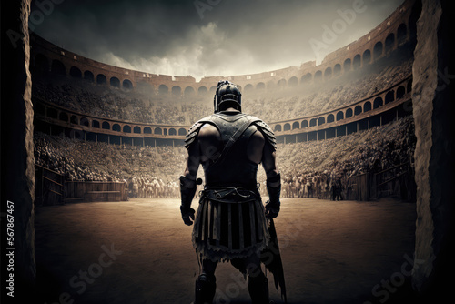 Fotobehang anchient roman gladiator entering the colosseum, created with generative ai tech