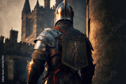 Fototapeta armored medieval knight in front of a beautiful castle, medieval background, cre