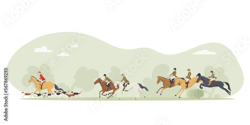 Tradition fox hunting with horse riders english style on landscape