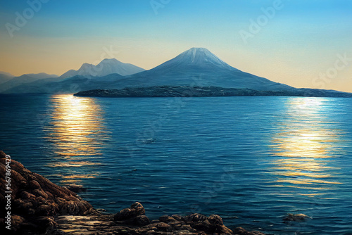 view of impressive distant mountain in the sea made with Generative AI