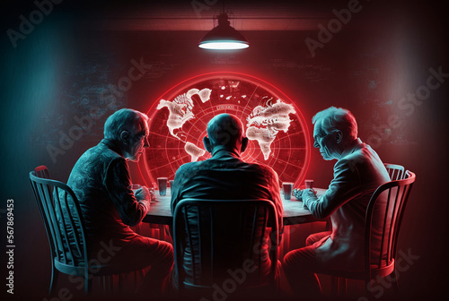 abstract of a group of elderly people depicting an executive suite, negative image of an all-decisive elite talking in a secret meeting. Generative AI photo