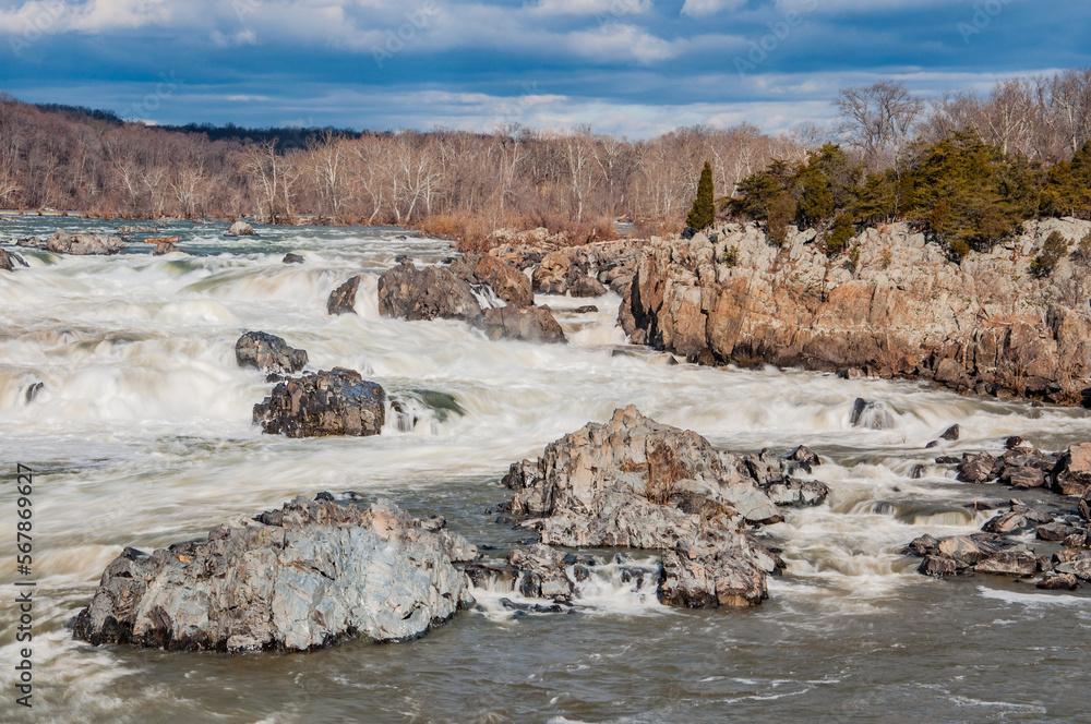 Looking Upriver on a Cold Winter Day, Great Falls of the Potomac Virginia USA, Great Falls, Virginia