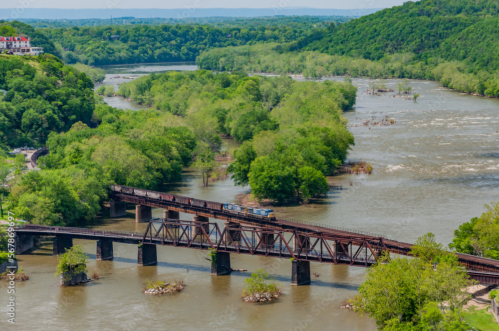 View of Train on Bridge from the Split Rock Overlook, Loudoun Heights West Virginia USA, Harpers Ferry, West Virginia View of Train on Bridge from the Split Rock Overlook, Loudoun Heights West Virginia USA, Harpers Ferry, West Virginia
