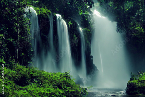 several waterfalls in the tropical jungle which lead to a creek made with Generative AI