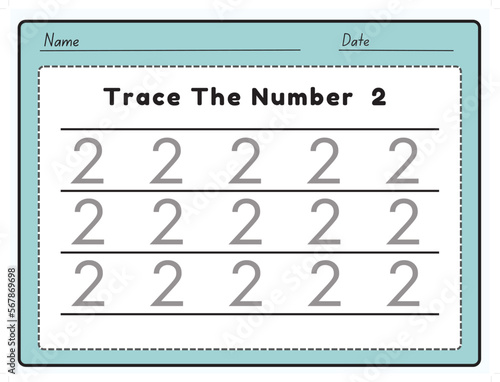 The trace line number for kindergarten and preschool kids. Write a two. Vector illustration
