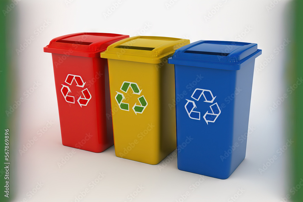 Recycling containers in yellow, green, blue, and red with the recycle symbol isolated on a white backdrop. Generative AI Recycling containers in yellow, green, blue, and red with the recycle symbol isolated on a white backdrop. Generative AI