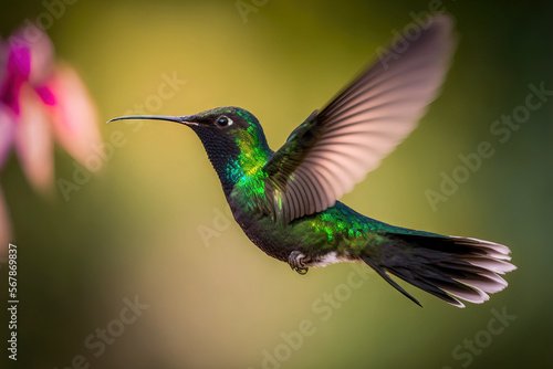 With a hazy background of green, a male Black throated Mango hummingbird is seen hovering in the air. wildlife in the wild. a wild bird. Generative AI