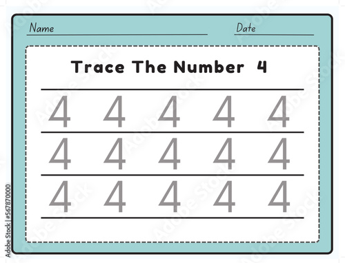 The trace line number for kindergarten and preschool kids. Write a four. Vector illustration