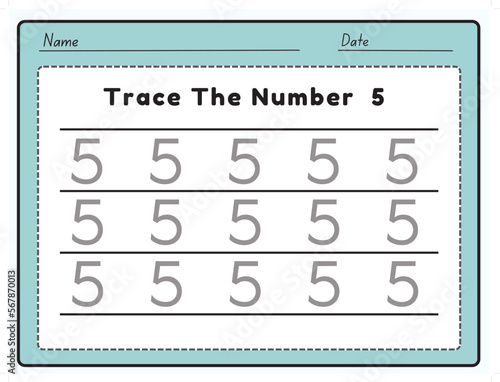 The trace line number for kindergarten and preschool kids. Write a five. Vector illustration