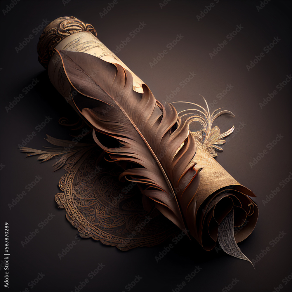 A scroll with a feather in a fantasy style on a gray background ...