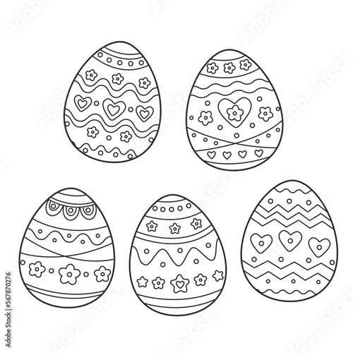Collection of 5 easter eggs with beautiful cute ornament coloring page antistress black and white vector illustration isolated on white background. Easter eggs set. Easter prints, patterns.