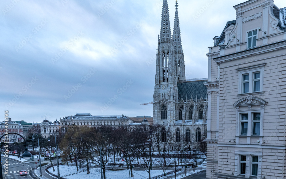 Fototapeta premium The Votivkirche is a neo-Gothic style church located on the Ringstraße in Vienna, Austria. 