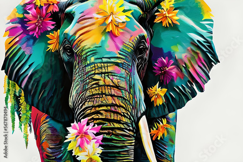 Colorful elephant with flowers. Generative AI digital illustration.