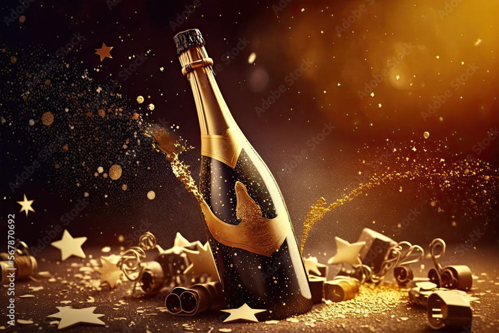 Creative Christmas and New Year background with golden champagne bottle,  party decorations, confetti stars, champagne, bottle, wine, drink, glass,  alcohol, party, celebration, cork, christmas, new, Stock Illustration |  Adobe Stock