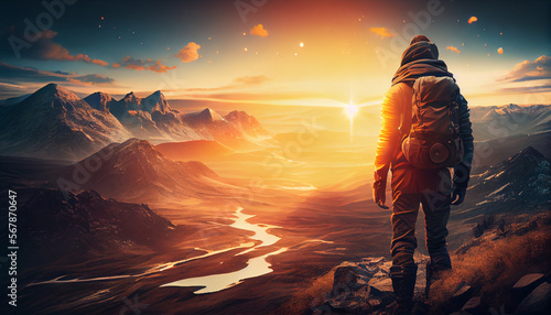 Traveler with backpack in top of canyon at sunset. Landscape scenic view. Generative AI illustration