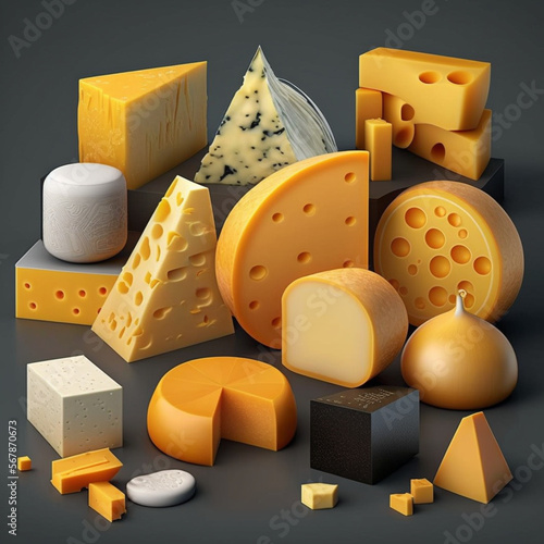 Collection of cheeses on a gray background. Mozzarella, parmisan, camembert, blue cheese, dorblu, gouda, food, italian cuisine, high resolution, illustrations, art. AI photo