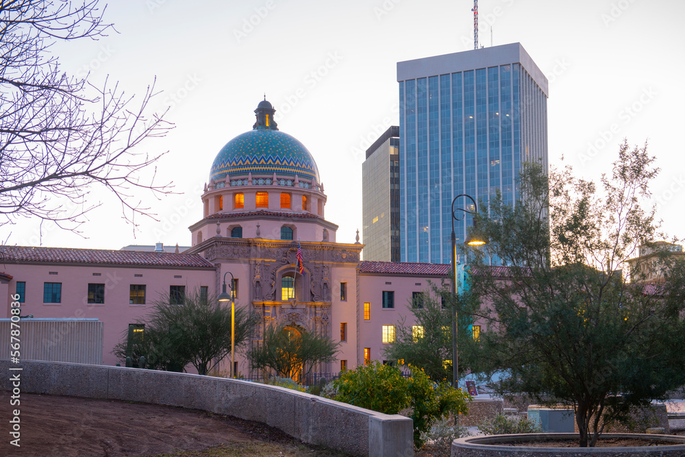 Pima County Courthouse at sunrise, the building was built in 1930 with Spanish Mission Revival style on 115 N Church Street in downtown Tucson, Arizona AZ, USA. 