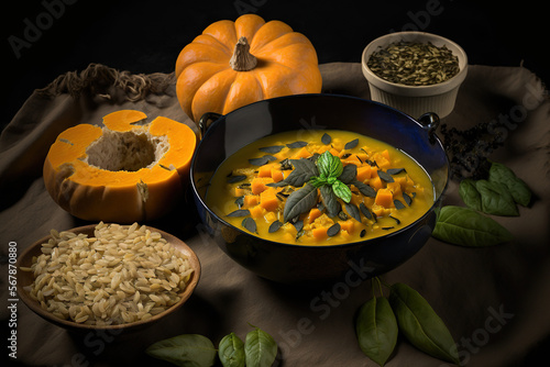Basil, olive oil, and pumpkin seeds in butternut soup or risotto. a seasonal autumn menu. Generative AI