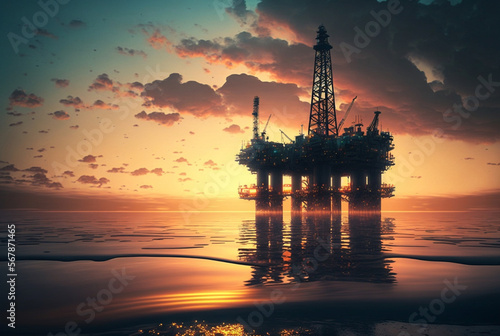 Industrial oil rig on calm ocean at sunset. Generative AI © wetzkaz