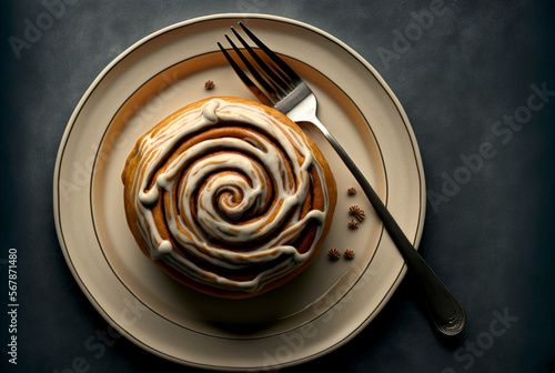 Top view of cinnamon bun on plate as dessert . Generative AI