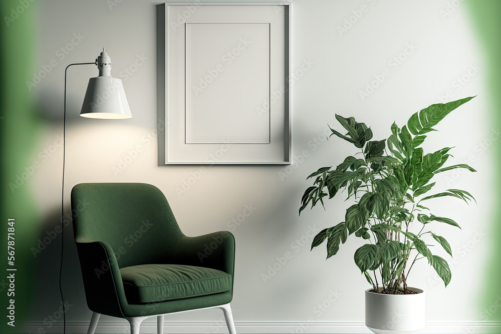 fake white poster frame hanging on the wall Leave room for text and design. with a green chair, a lamp, and plants. Generative AI fake white poster frame hanging on the wall Leave room for text and design. with a green chair, a lamp, and plants. Generative AI