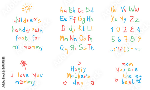 Children's handwritten colorful font. Template for congratulations mom. Greeting card for Happy Mother's Day. Curved letters handdrawn by child. Heart, flower. Sun with smiling face. English alphabet
