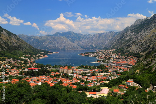 Beautiful Kotor Bay and old city Kotor surrounded by high mountains in Montenegro. Full top view boka kotorska