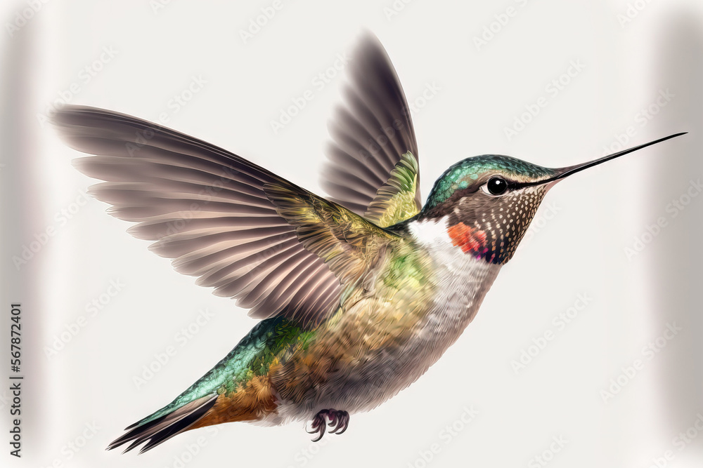 Flying female ruby throated hummingbird. Generative AI Flying female ruby throated hummingbird. Generative AI