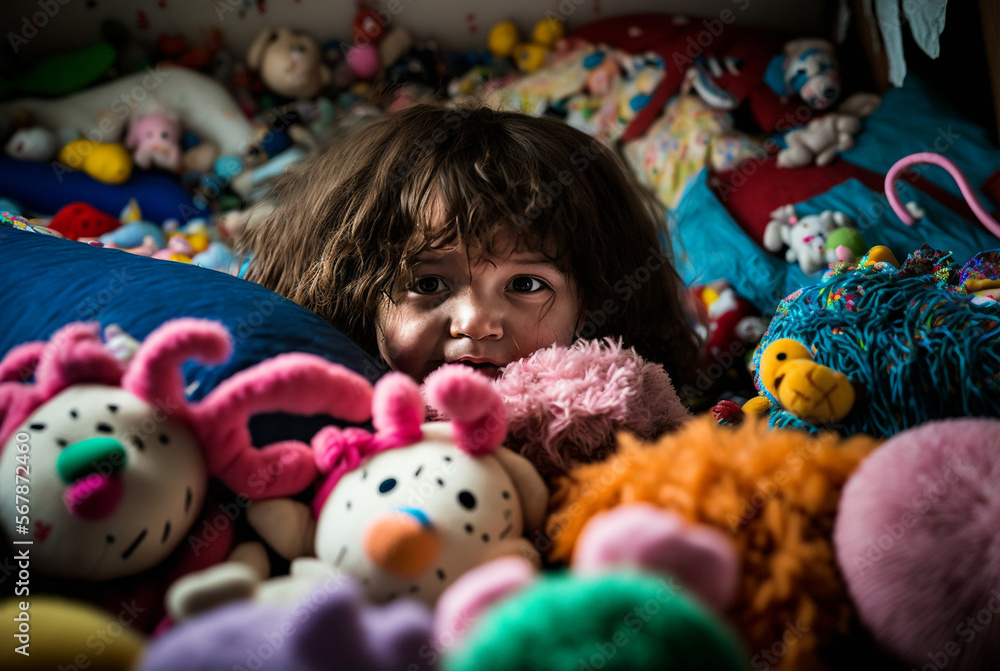 happy child with too many toys cuddly toys. Generative AI