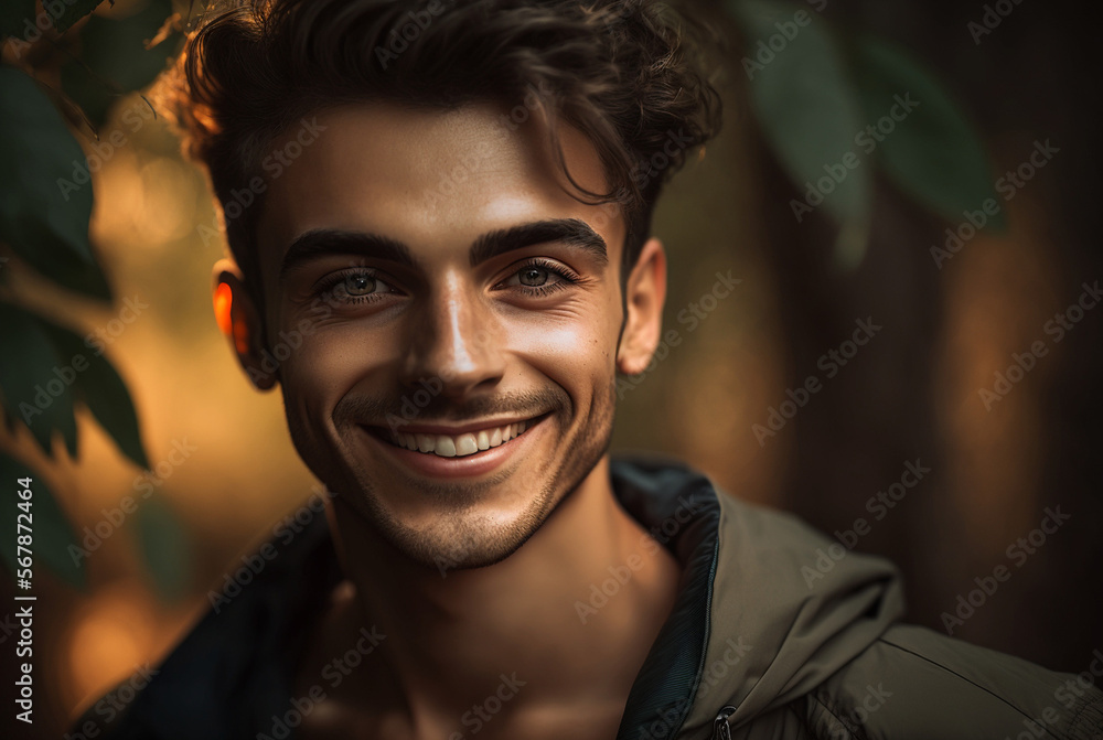 an attractive smiling young man in a forest or similar nature. Generative AI an attractive smiling young man in a forest or similar nature. Generative AI