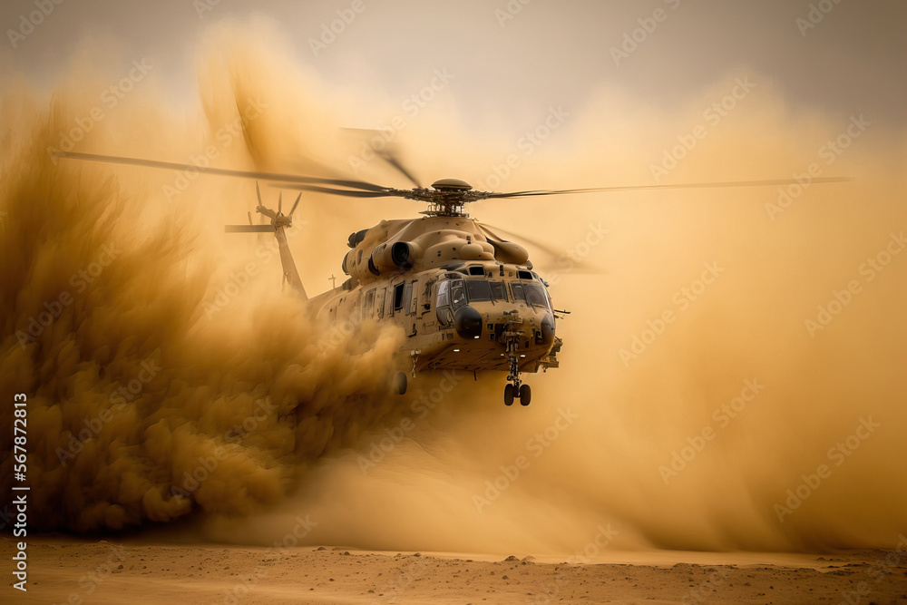 AMIANTOS, Cyprus JUNE 2, 2022 During the joint Cyprus Israel military exercise Agapinor 2022, an Israeli Sikorsky UH 60 Black Hawk helicopter takes off in thick dust clouds. Generative AI - obrazy, fototapety, plakaty 