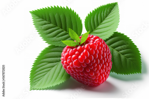 A clipping path was used to isolate a red raspberry with a green leaf on a white background. One of the prettiest raspberries you've ever seen on their own. Generative AI photo